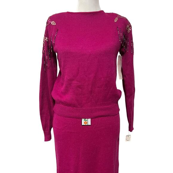 A’Milano Vintage Sweater Skirt Set 80s 90s Pink Beaded Fringe NWT Womens Medium - Picture 2 of 16